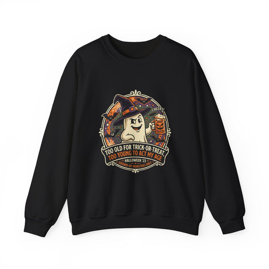 Halloween Ghost Crewneck Sweatshirt — "Too Old for Trick-or-Treat" Vintage Graphic