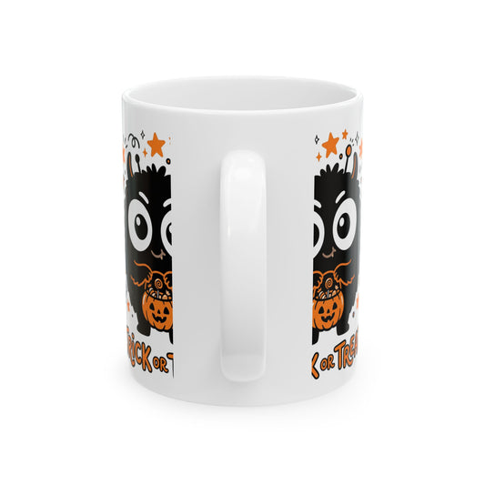Halloween Monster Ceramic Mug — Cute Black Fuzzy Creature Holding Pumpkin “Trick or Treat” (11oz/15oz)