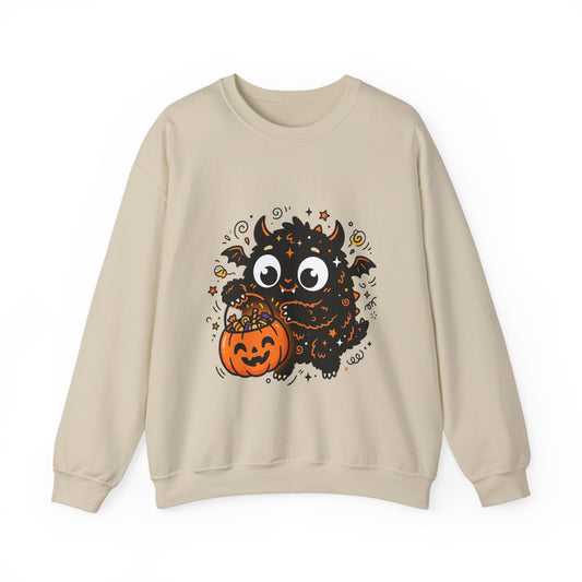 Halloween Monster Sweatshirt — Cute Black Fuzzy Creature with Jack-O'-Lantern