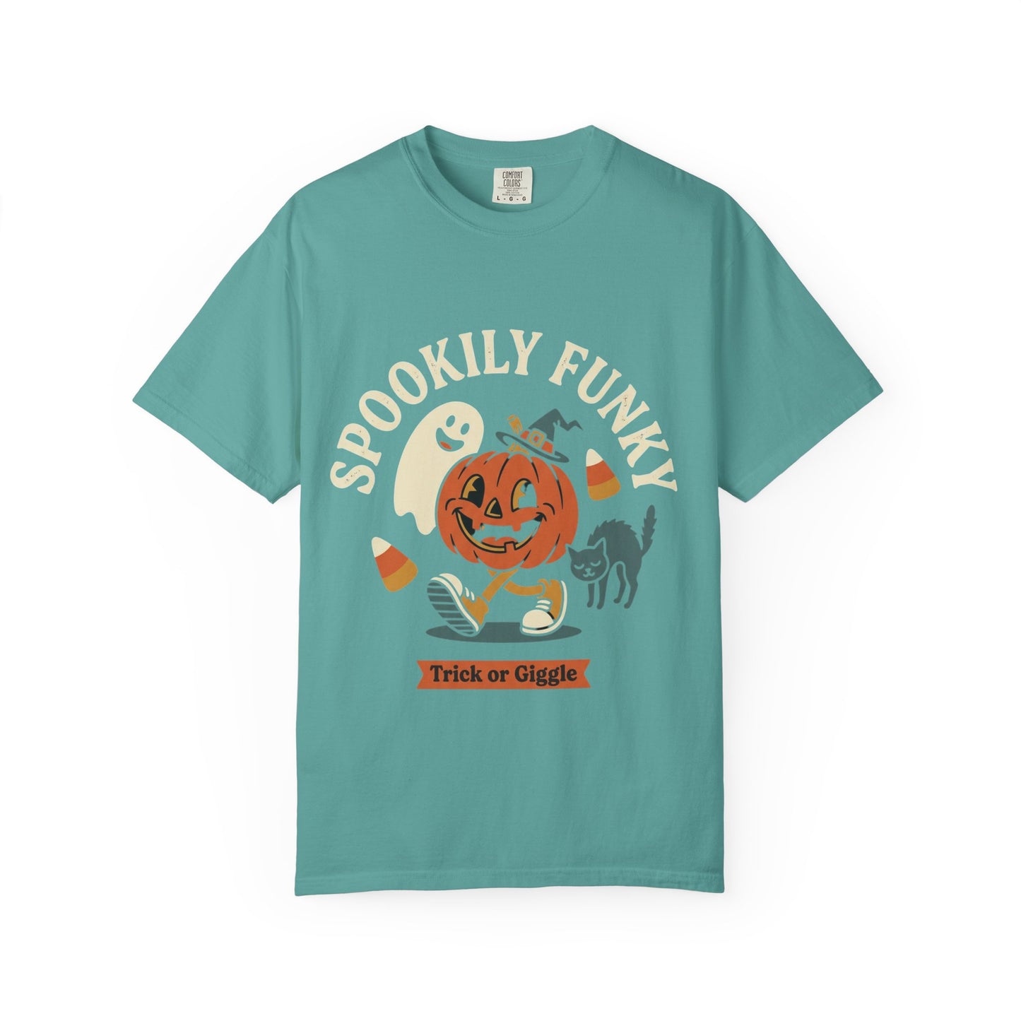 Spookily Funky Halloween T-Shirt — "Trick or Giggle" Vintage Pumpkin & Ghost Design