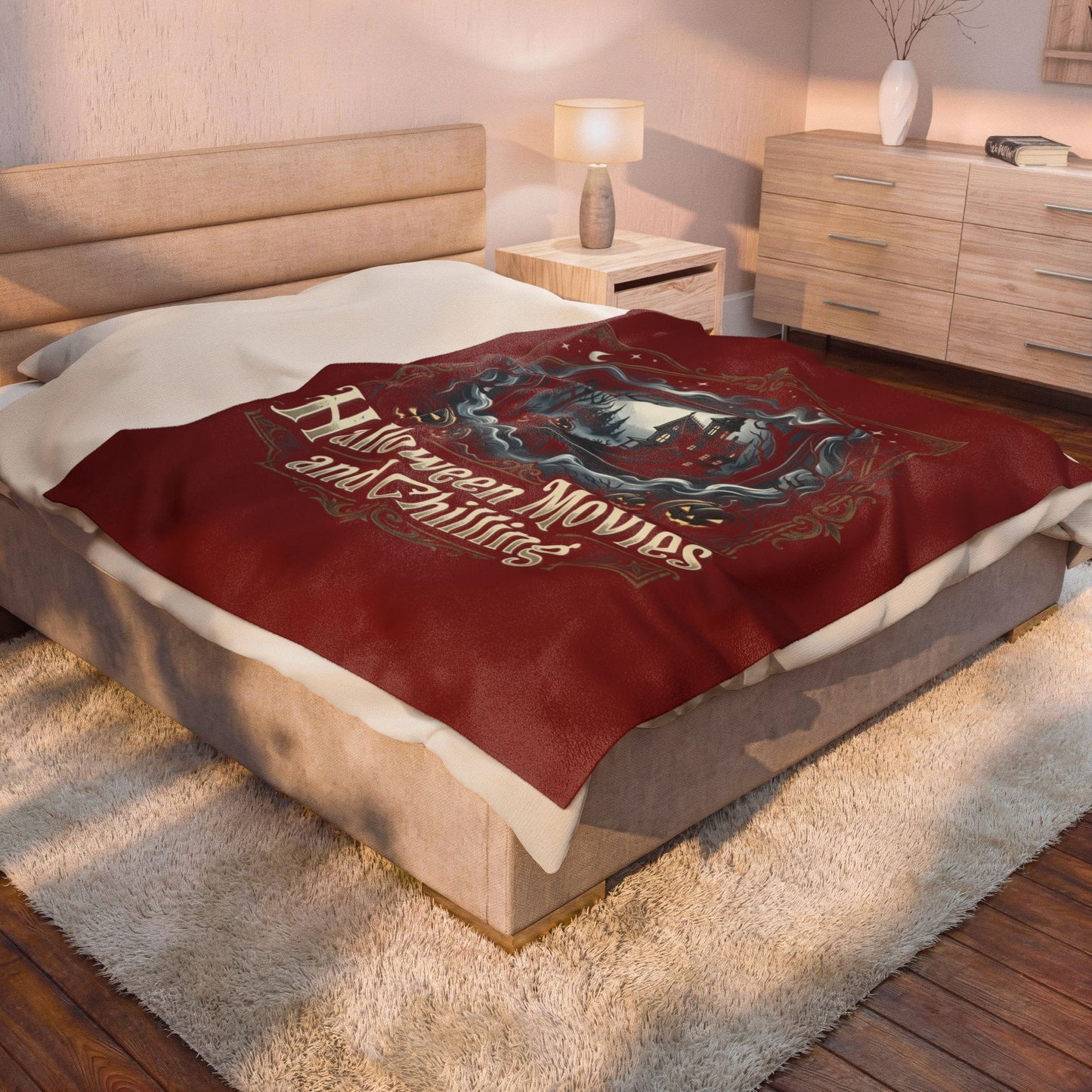 Halloween Movies and Chilling Velveteen Plush Blanket — Spooky Cozy Throw for Fall