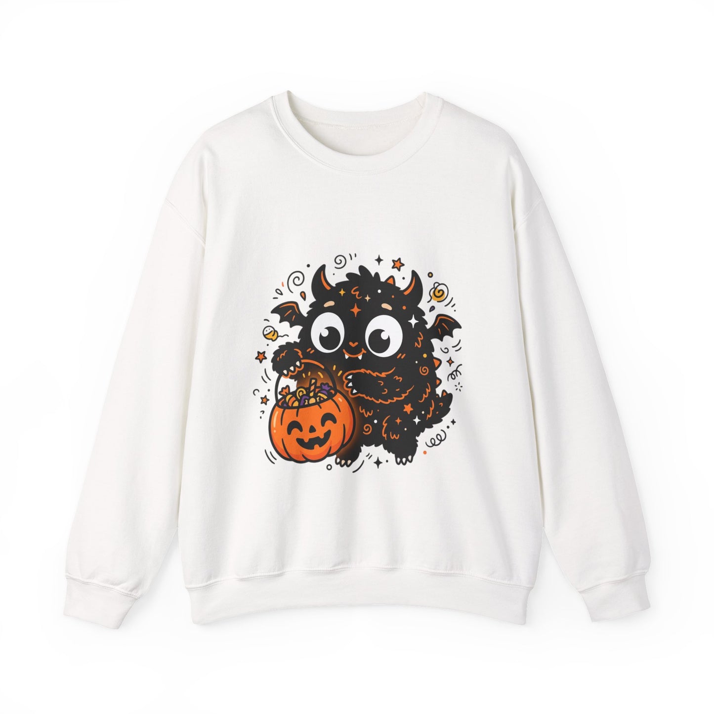 Halloween Monster Sweatshirt — Cute Black Fuzzy Creature with Jack-O'-Lantern