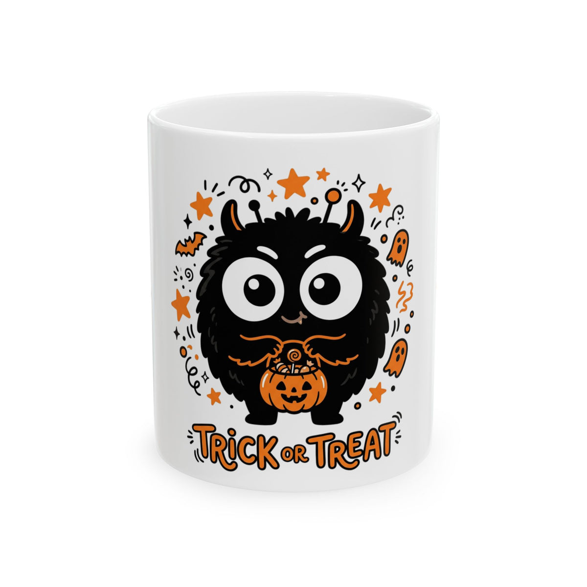 Halloween Monster Ceramic Mug — Cute Black Fuzzy Creature Holding Pumpkin “Trick or Treat” (11oz/15oz)