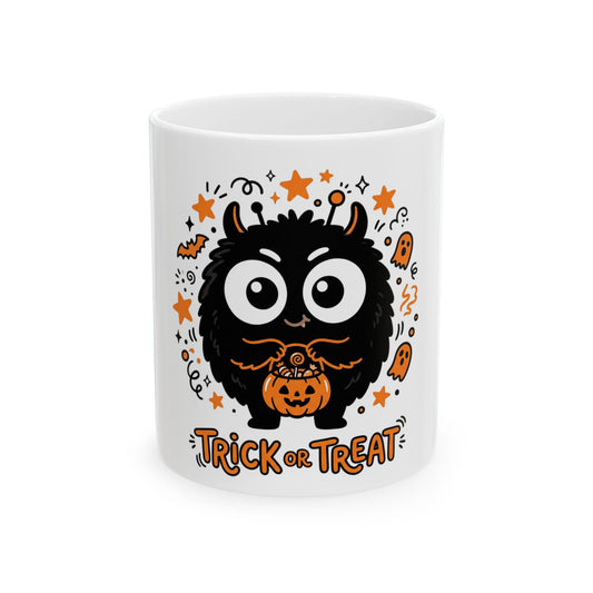 Halloween Monster Ceramic Mug — Cute Black Fuzzy Creature Holding Pumpkin “Trick or Treat” (11oz/15oz)