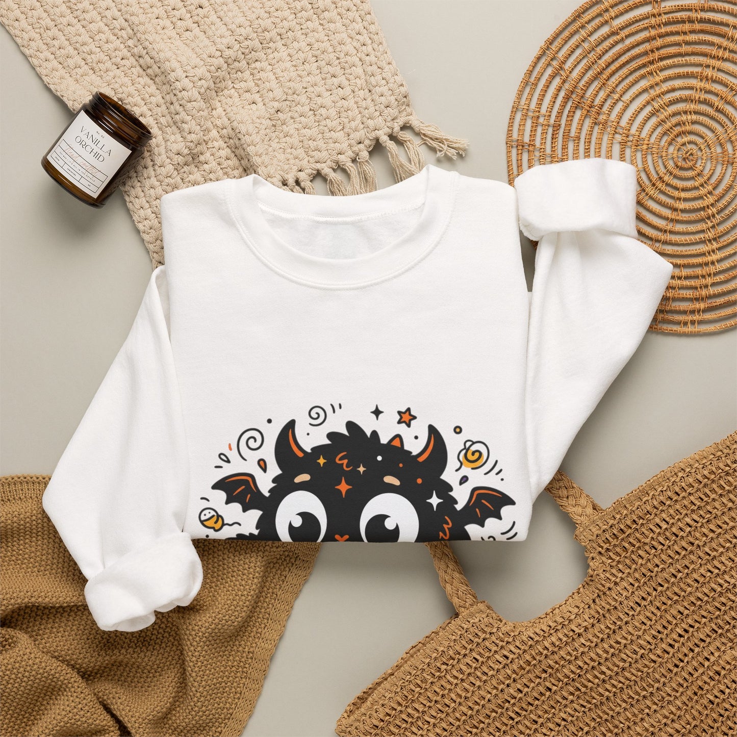Halloween Monster Sweatshirt — Cute Black Fuzzy Creature with Jack-O'-Lantern