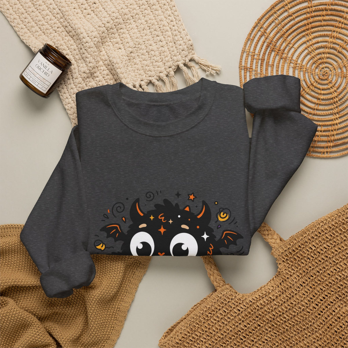 Halloween Monster Sweatshirt — Cute Black Fuzzy Creature with Jack-O'-Lantern