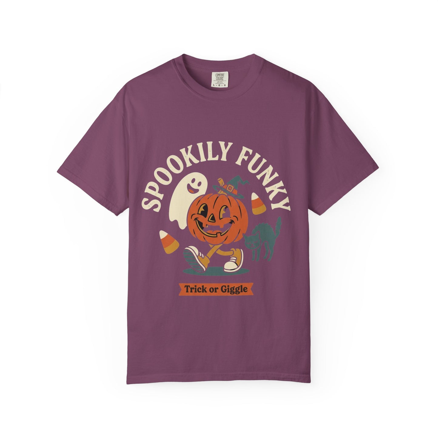 Spookily Funky Halloween T-Shirt — "Trick or Giggle" Vintage Pumpkin & Ghost Design