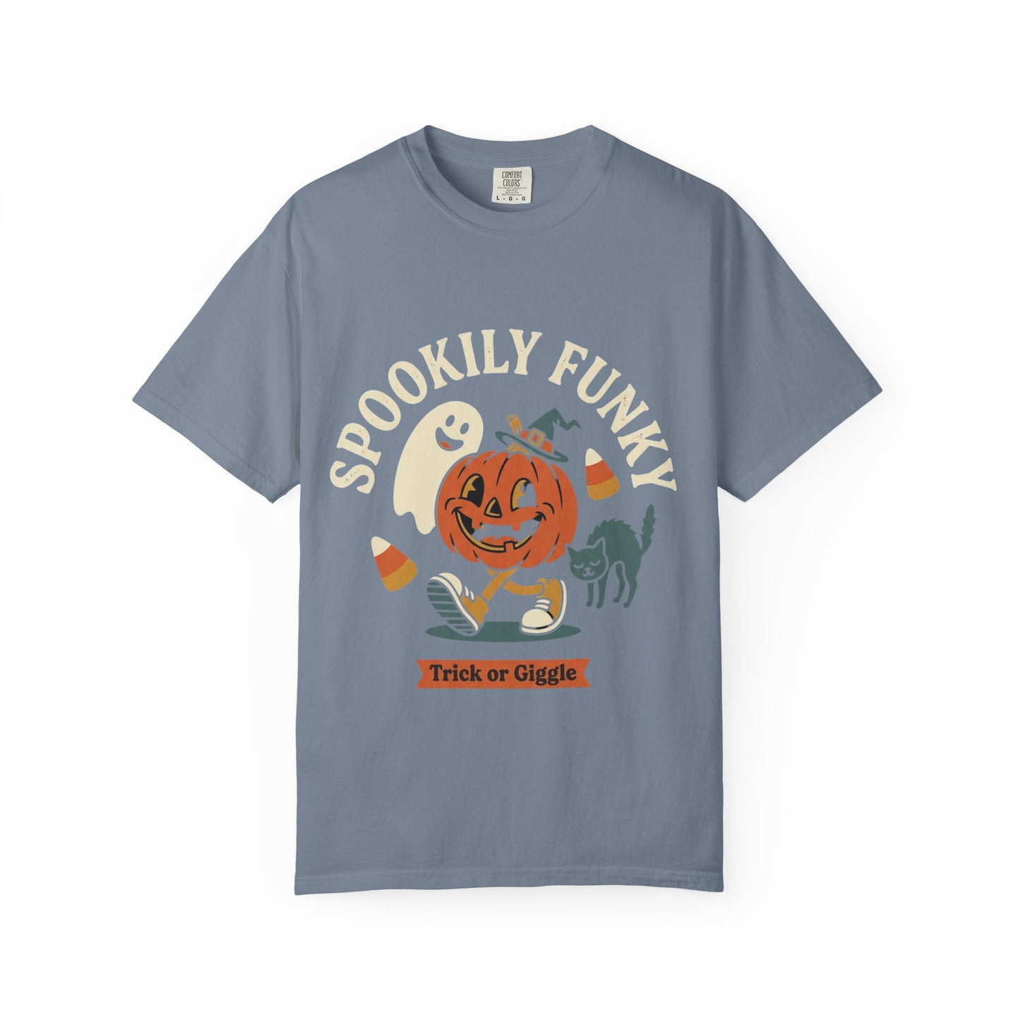 Spookily Funky Halloween T-Shirt — "Trick or Giggle" Vintage Pumpkin & Ghost Design
