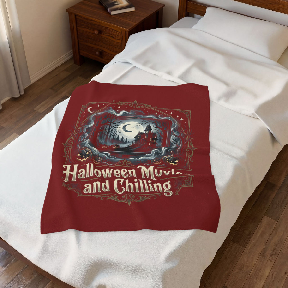 Halloween Movies and Chilling Velveteen Plush Blanket — Spooky Cozy Throw for Fall