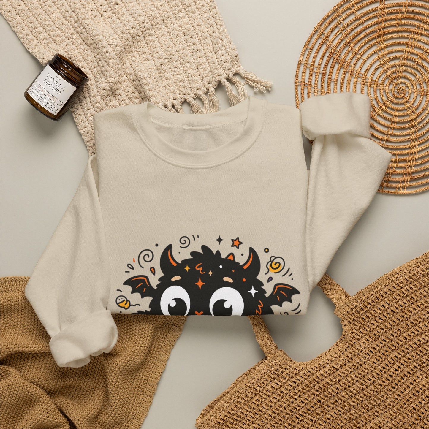 Halloween Monster Sweatshirt — Cute Black Fuzzy Creature with Jack-O'-Lantern