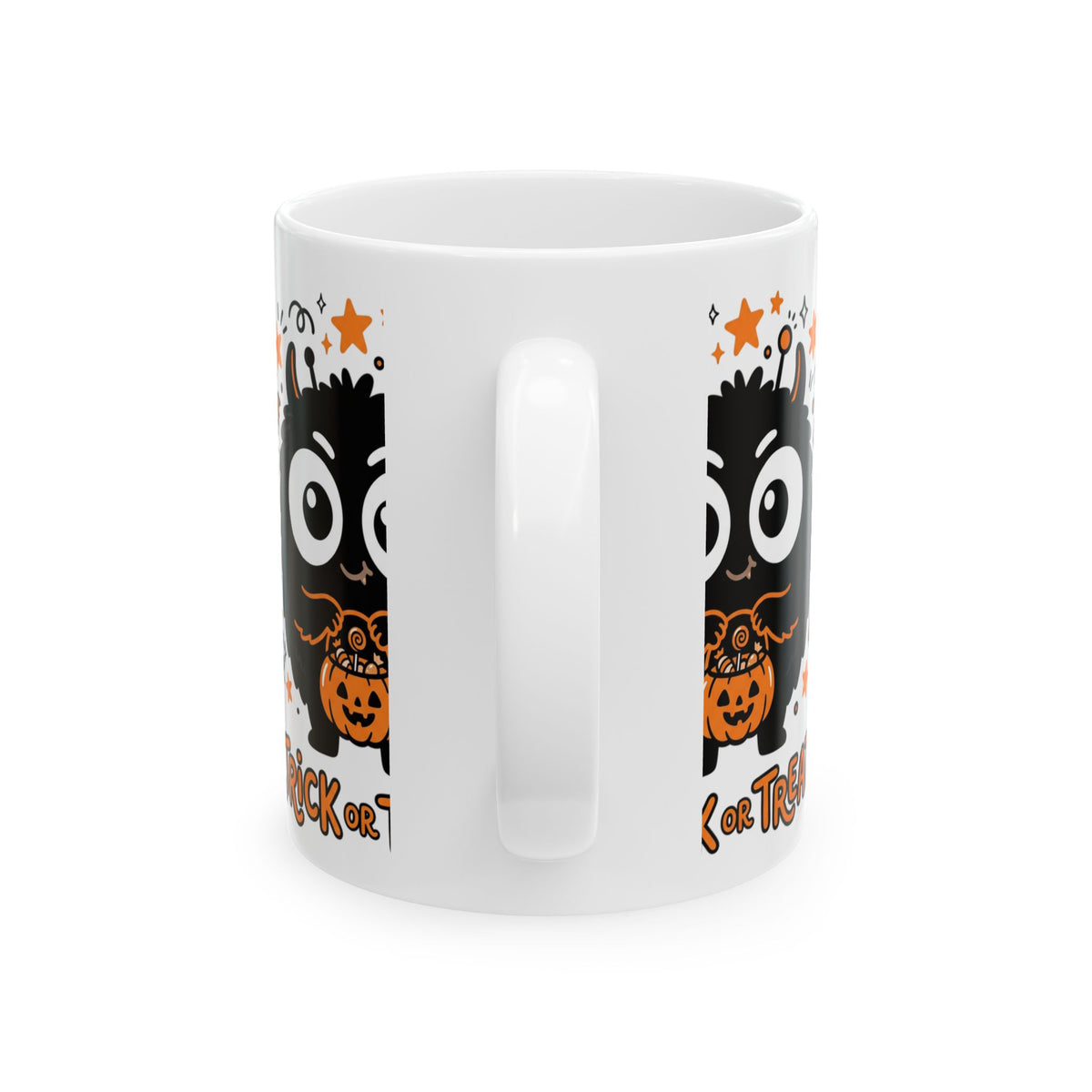 Halloween Monster Ceramic Mug — Cute Black Fuzzy Creature Holding Pumpkin “Trick or Treat” (11oz/15oz)