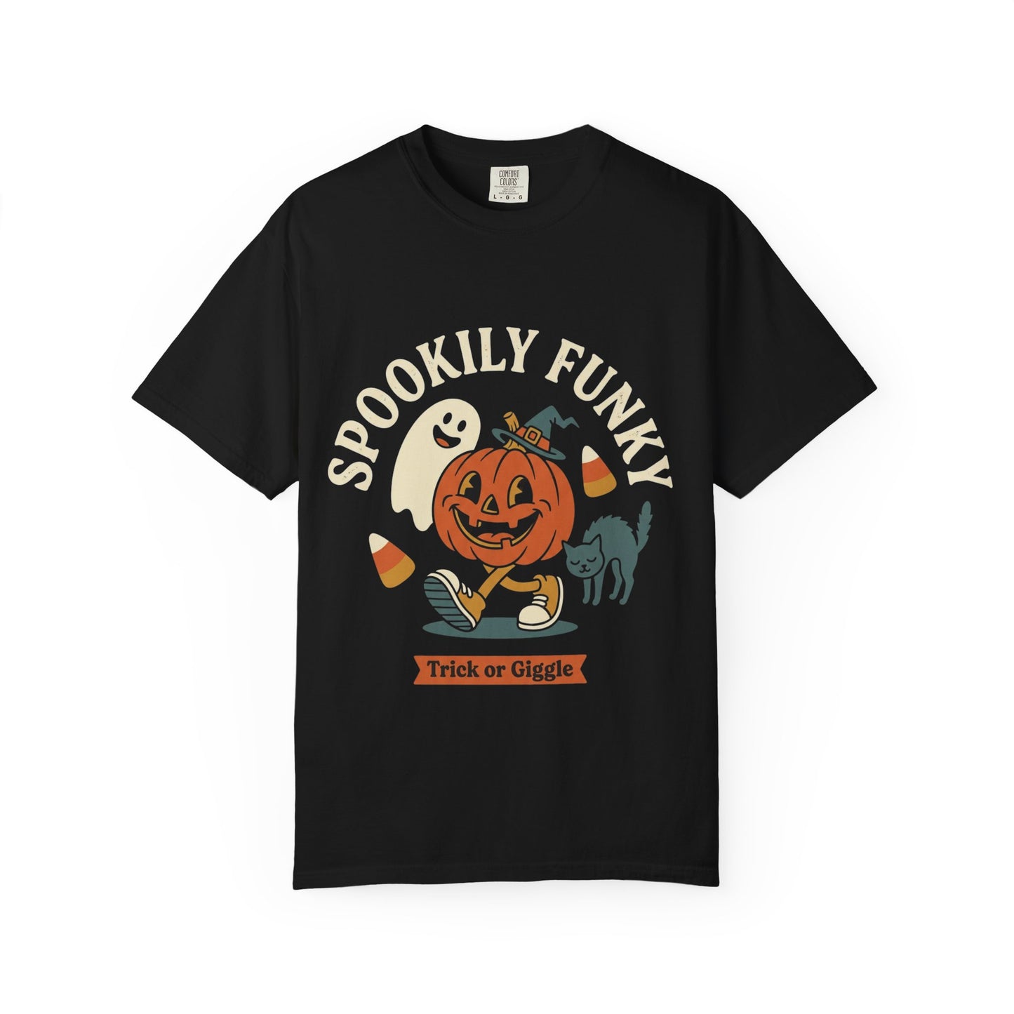 Spookily Funky Halloween T-Shirt — "Trick or Giggle" Vintage Pumpkin & Ghost Design