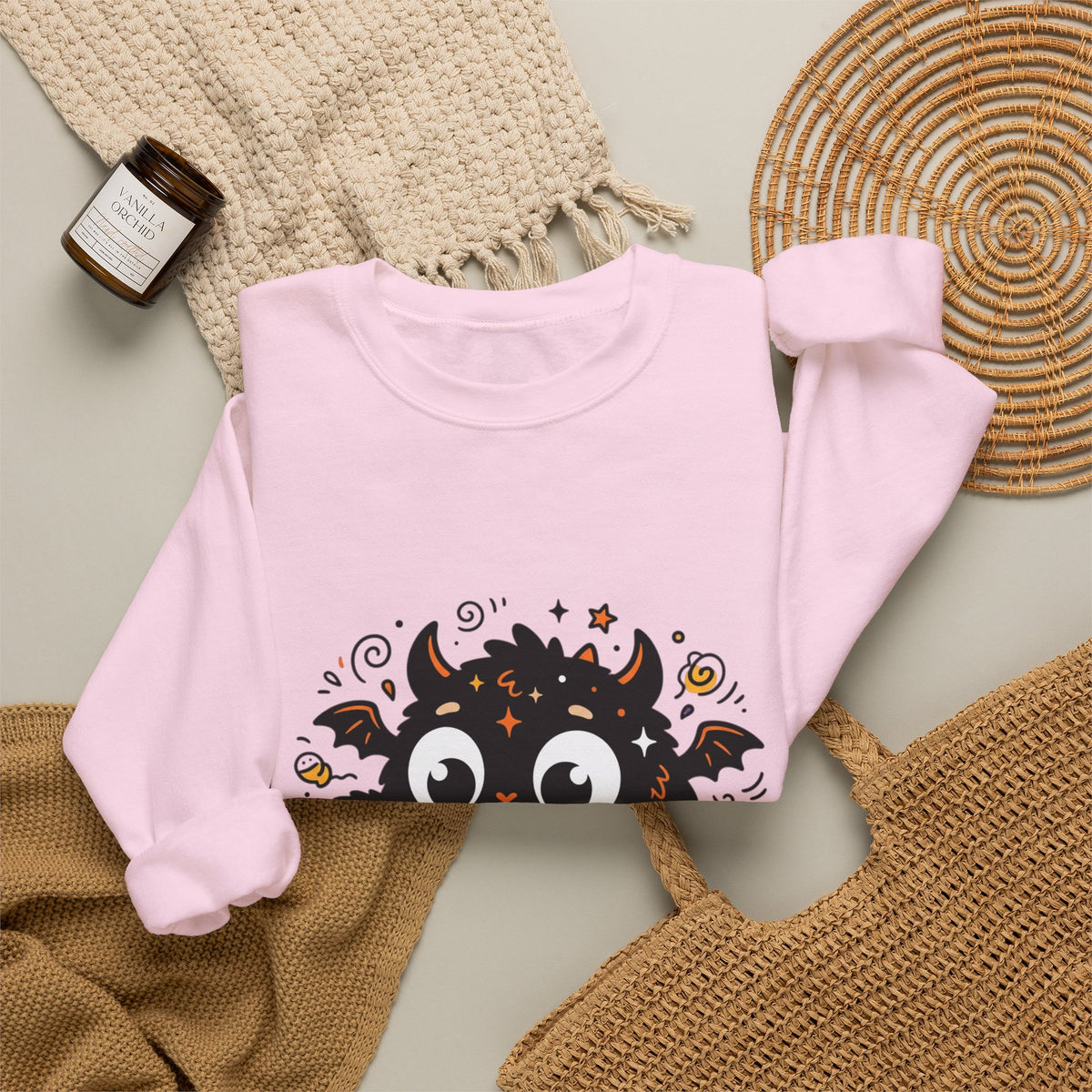 Halloween Monster Sweatshirt — Cute Black Fuzzy Creature with Jack-O'-Lantern