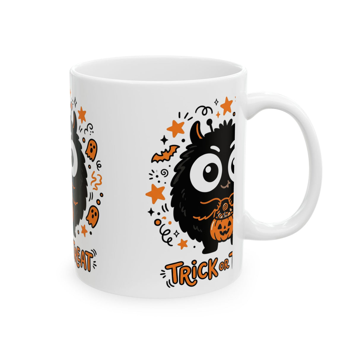 Halloween Monster Ceramic Mug — Cute Black Fuzzy Creature Holding Pumpkin “Trick or Treat” (11oz/15oz)