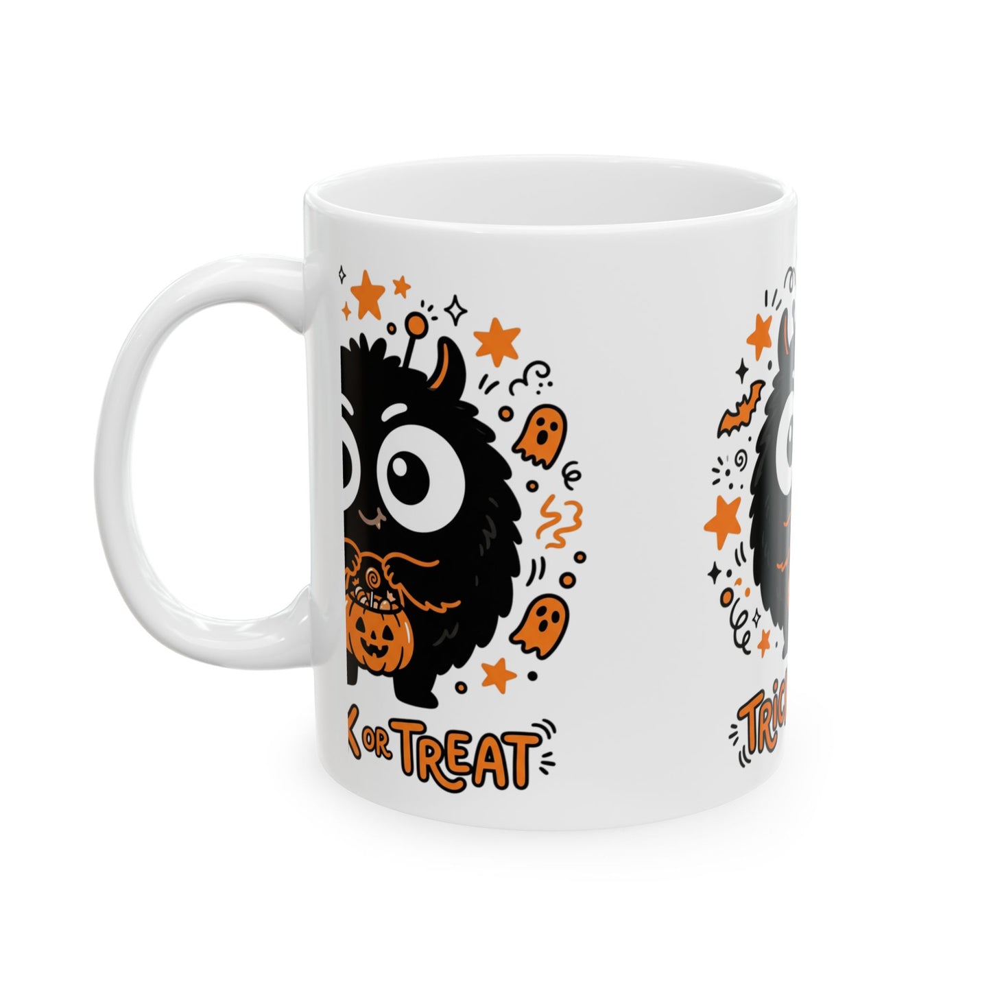 Halloween Monster Ceramic Mug — Cute Black Fuzzy Creature Holding Pumpkin “Trick or Treat” (11oz/15oz)