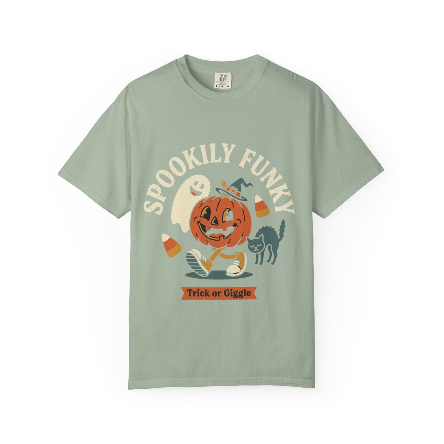 Spookily Funky Halloween T-Shirt — "Trick or Giggle" Vintage Pumpkin & Ghost Design