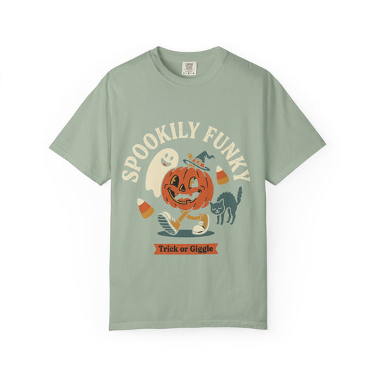 Spookily Funky Halloween T-Shirt — "Trick or Giggle" Vintage Pumpkin & Ghost Design