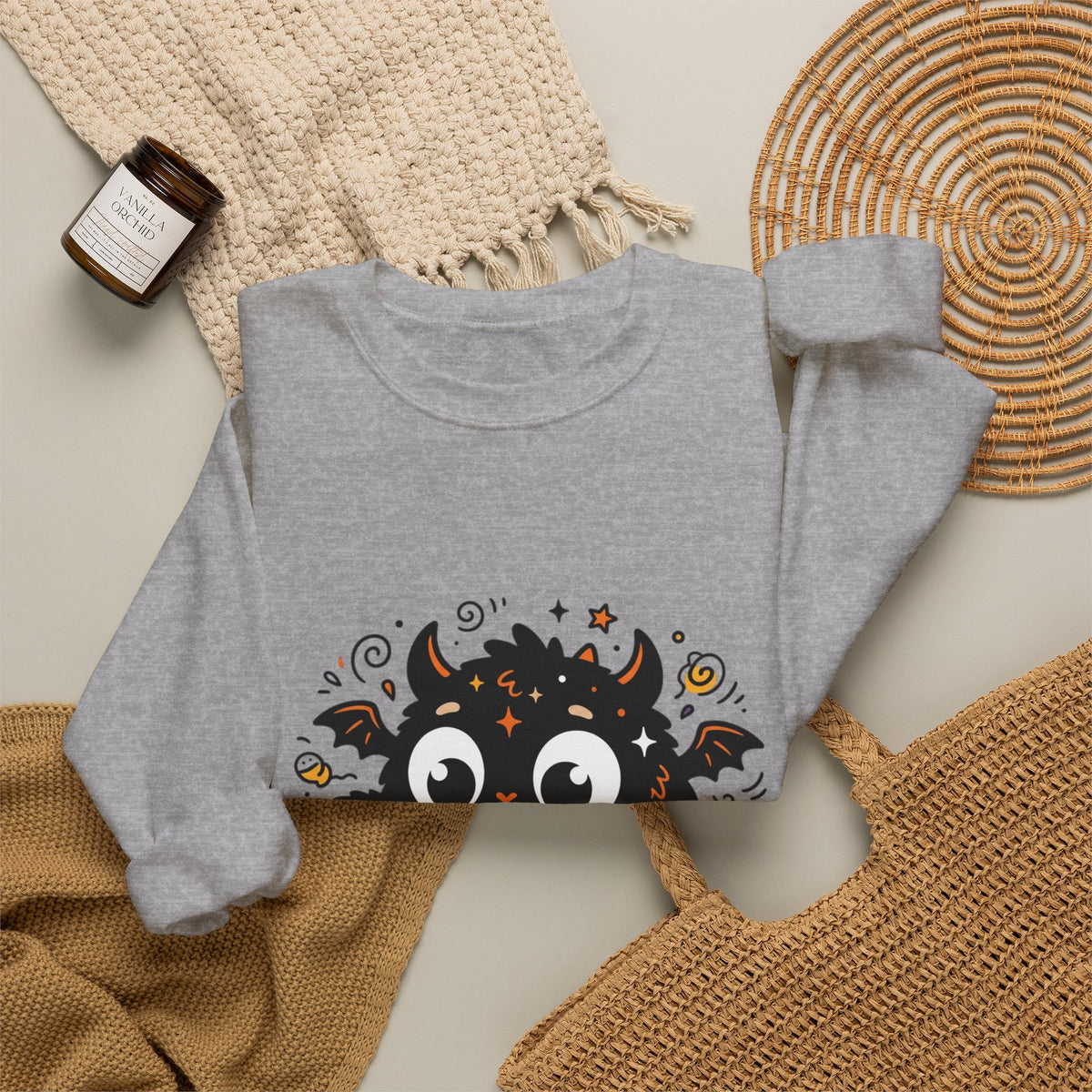 Halloween Monster Sweatshirt — Cute Black Fuzzy Creature with Jack-O'-Lantern