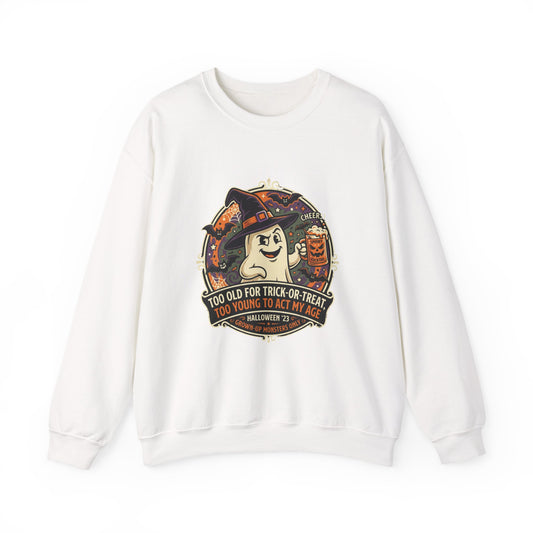 Halloween Ghost Crewneck Sweatshirt — "Too Old for Trick-or-Treat" Vintage Graphic