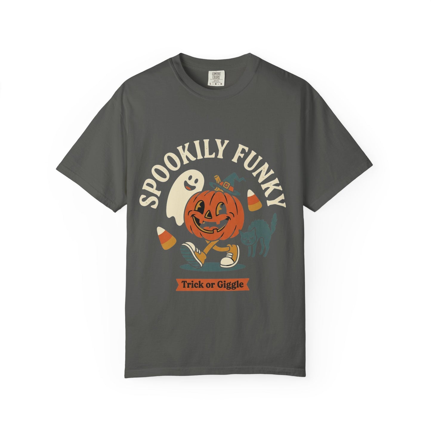 Spookily Funky Halloween T-Shirt — "Trick or Giggle" Vintage Pumpkin & Ghost Design