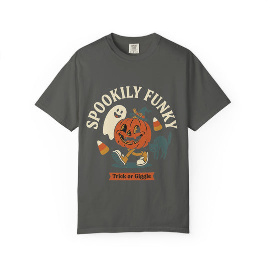 Spookily Funky Halloween T-Shirt — "Trick or Giggle" Vintage Pumpkin & Ghost Design