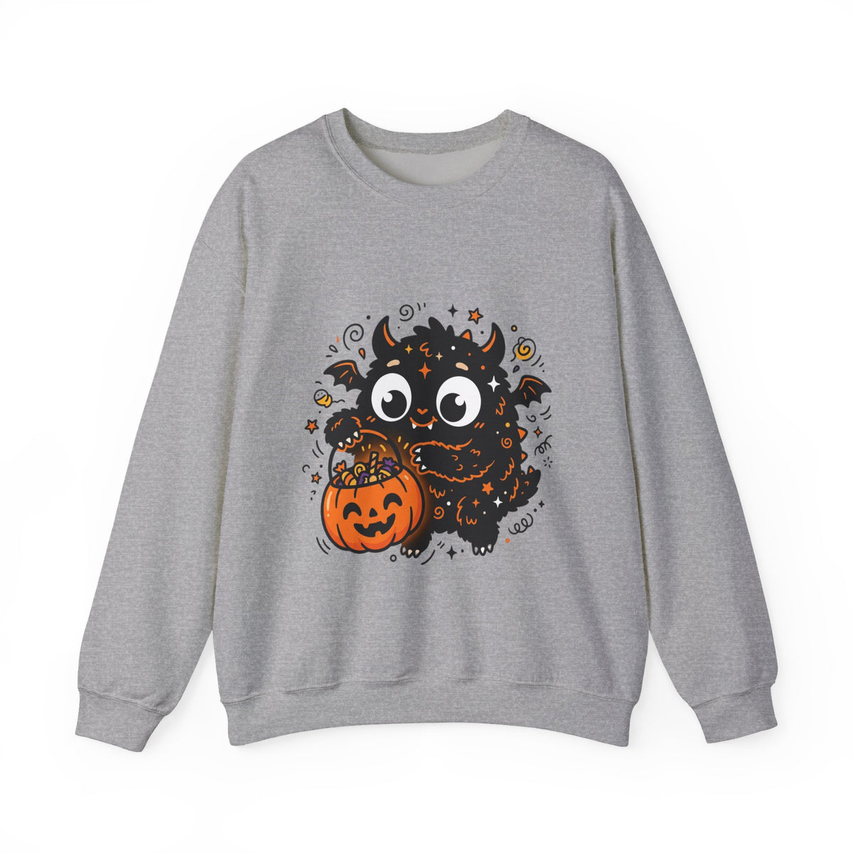 Halloween Monster Sweatshirt — Cute Black Fuzzy Creature with Jack-O'-Lantern