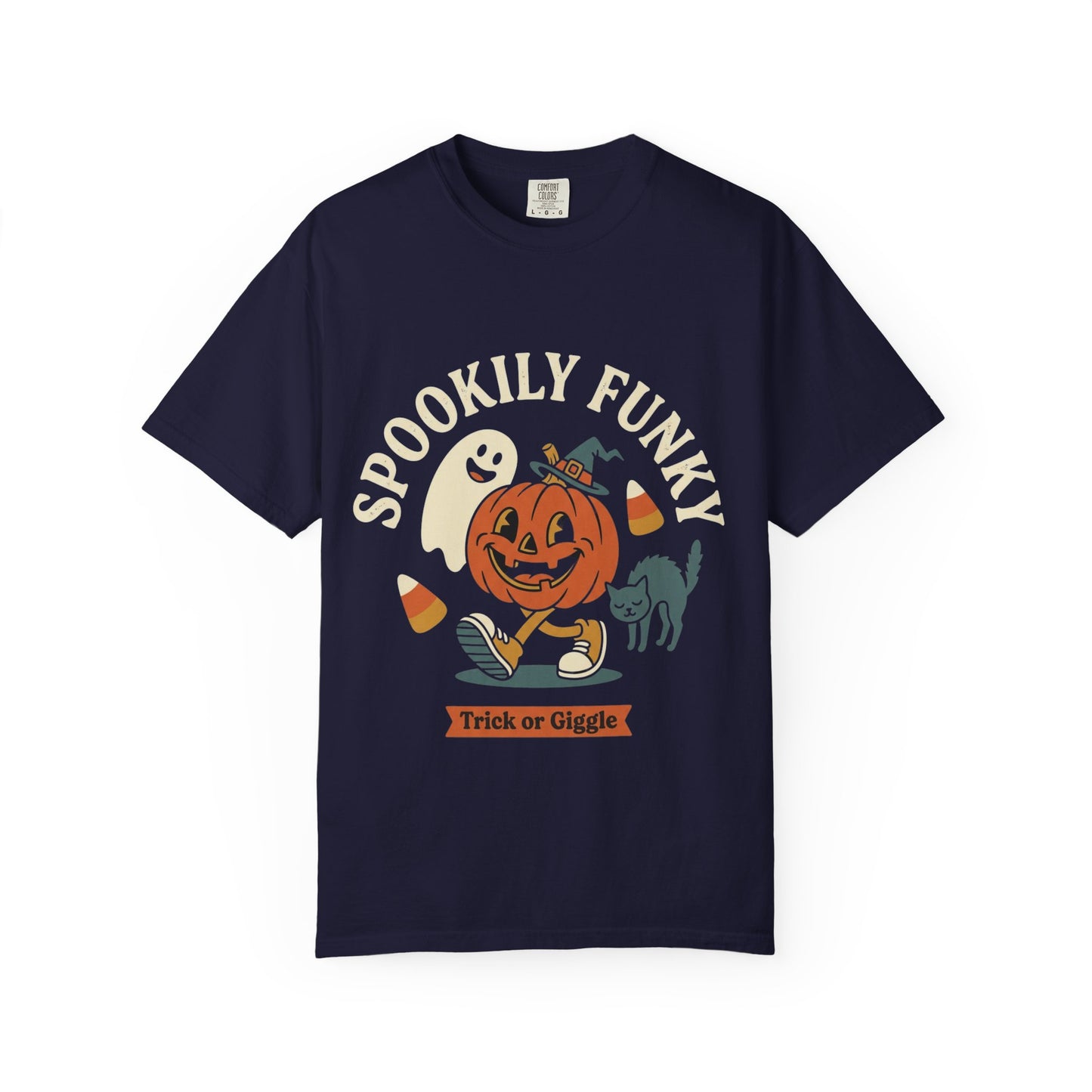 Spookily Funky Halloween T-Shirt — "Trick or Giggle" Vintage Pumpkin & Ghost Design