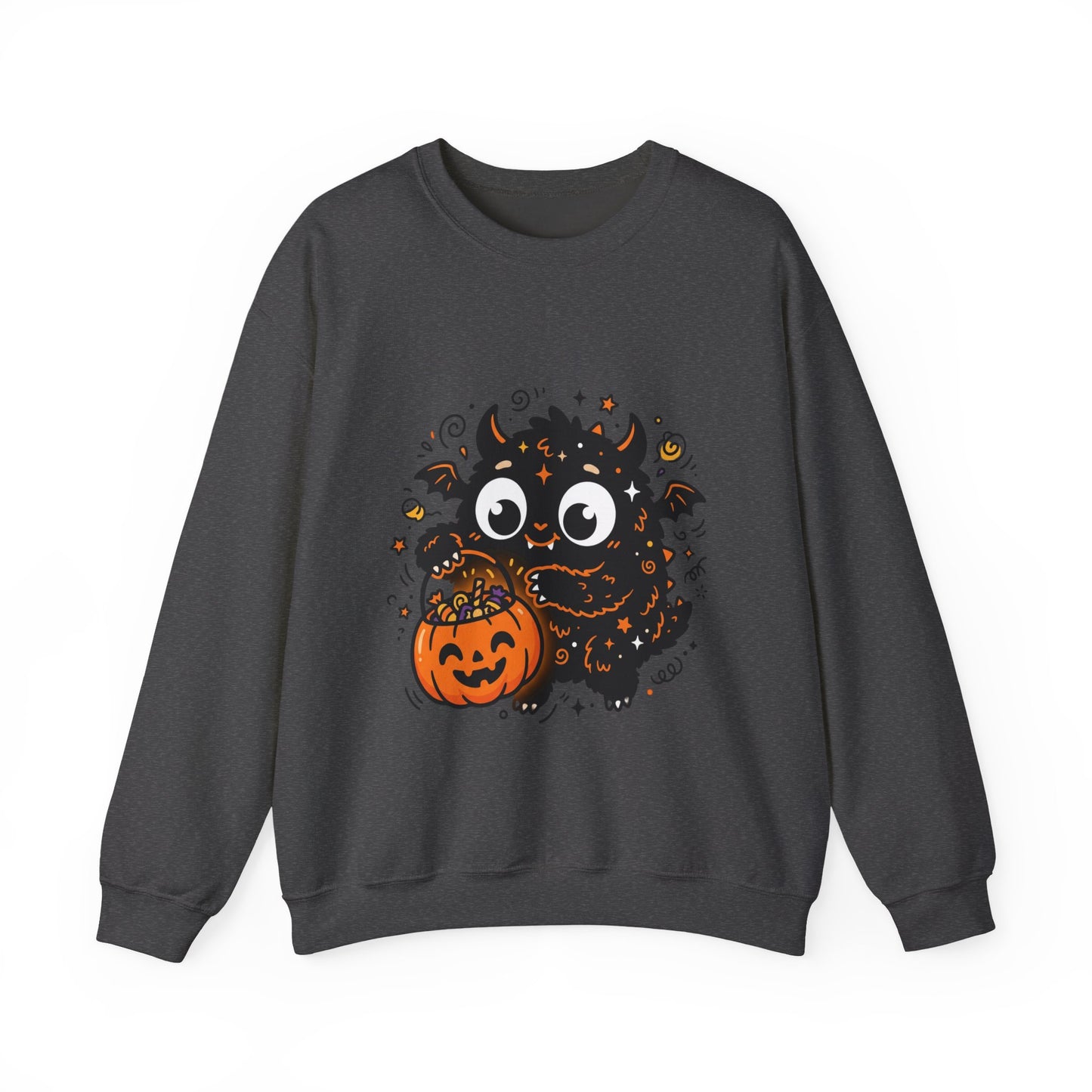 Halloween Monster Sweatshirt — Cute Black Fuzzy Creature with Jack-O'-Lantern